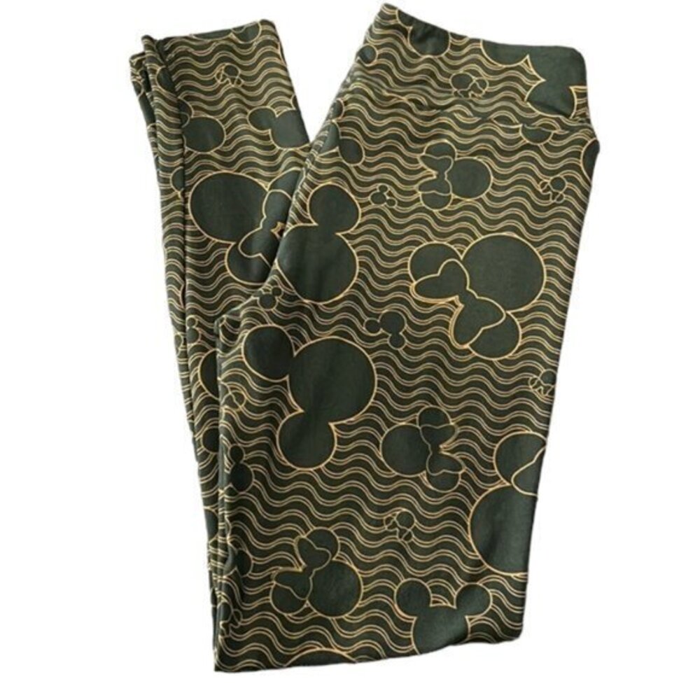 Lularoe Disney Dark Green Mickey Minnie Mouse Print Leggings One Size EUC #4136